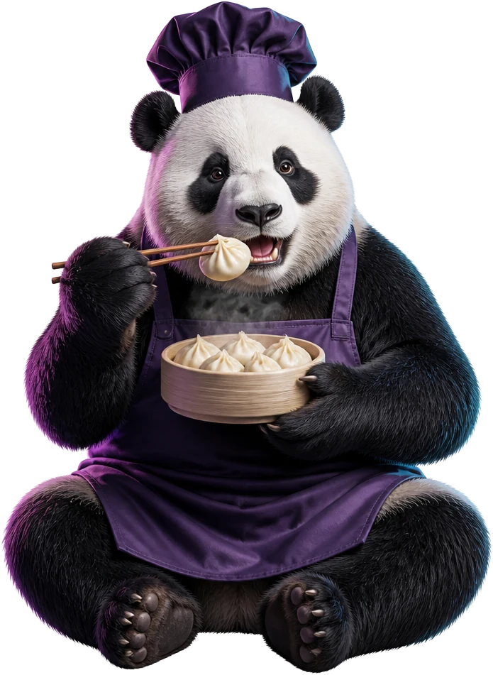 Panda chef lifting a dumpling from its bowl with chopsticks and eating it