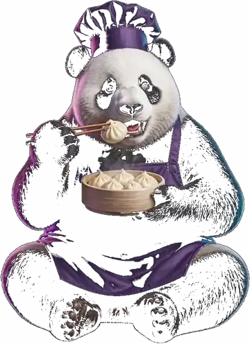 Panda chef lifting a dumpling from its bowl with chopsticks and eating it